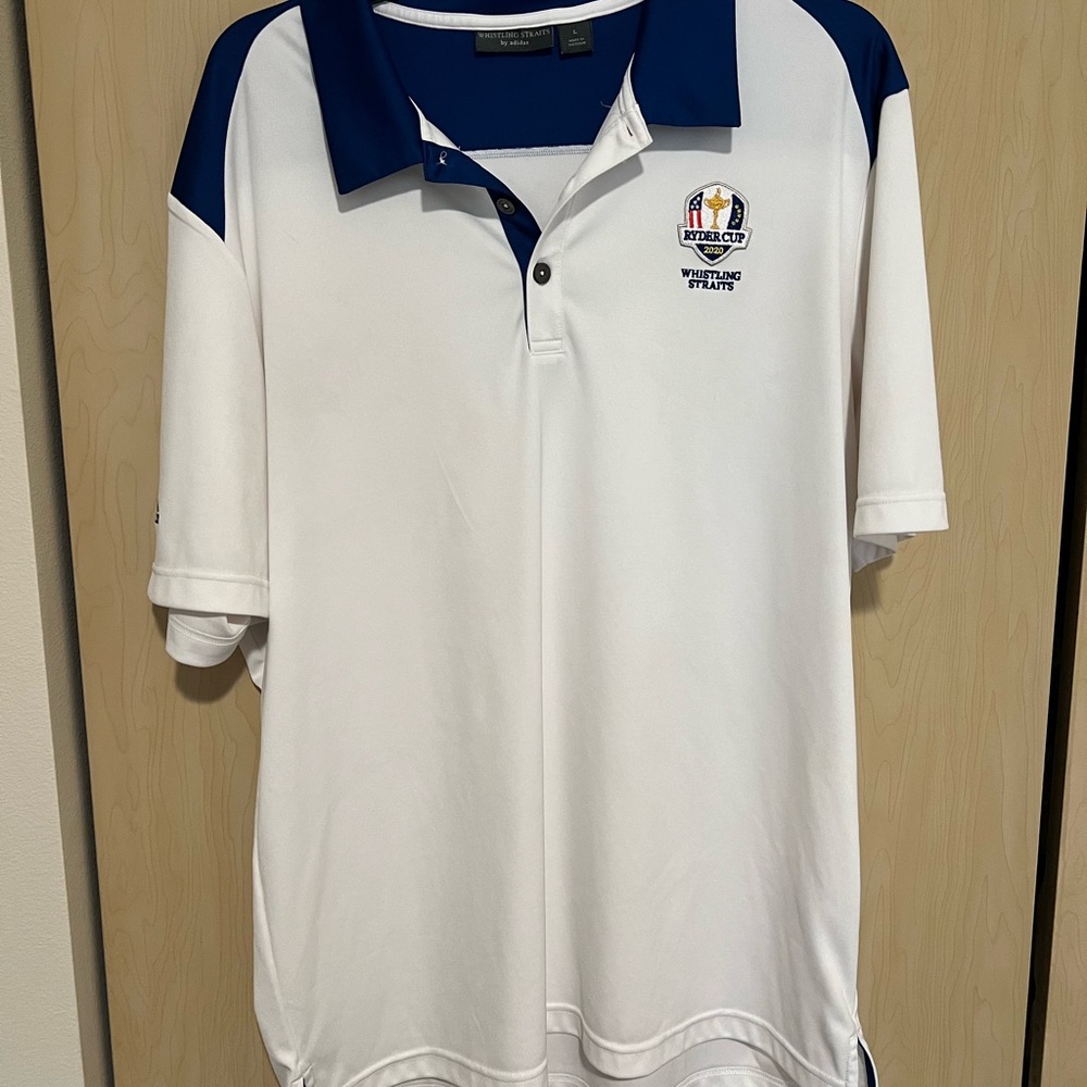 adidas White and Navy Short Sleeve Polo with Chest Crest Whistling Straits Ryder